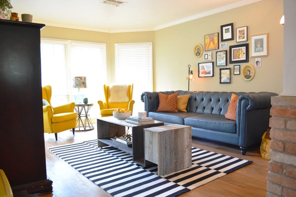 Before and After: A Family-Friendly Living Room with a Teal Sofa and a gallery wall