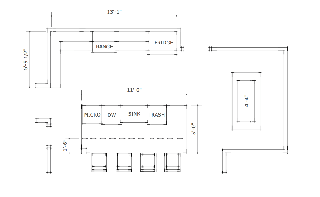 "Before" photos and design plans of a Waco, Texas family-friendly kitchen remodel project by interior designer Lesley Myrick