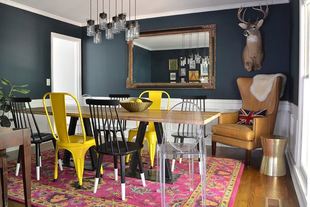 black and navy dining room