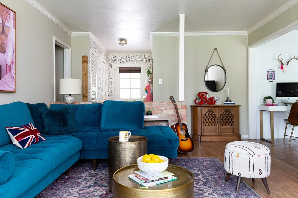 Before and After A Family Friendly Living Room with a Teal Sofa Lesley Myrick Interior Design Full Service Interior Designer in Macon GA