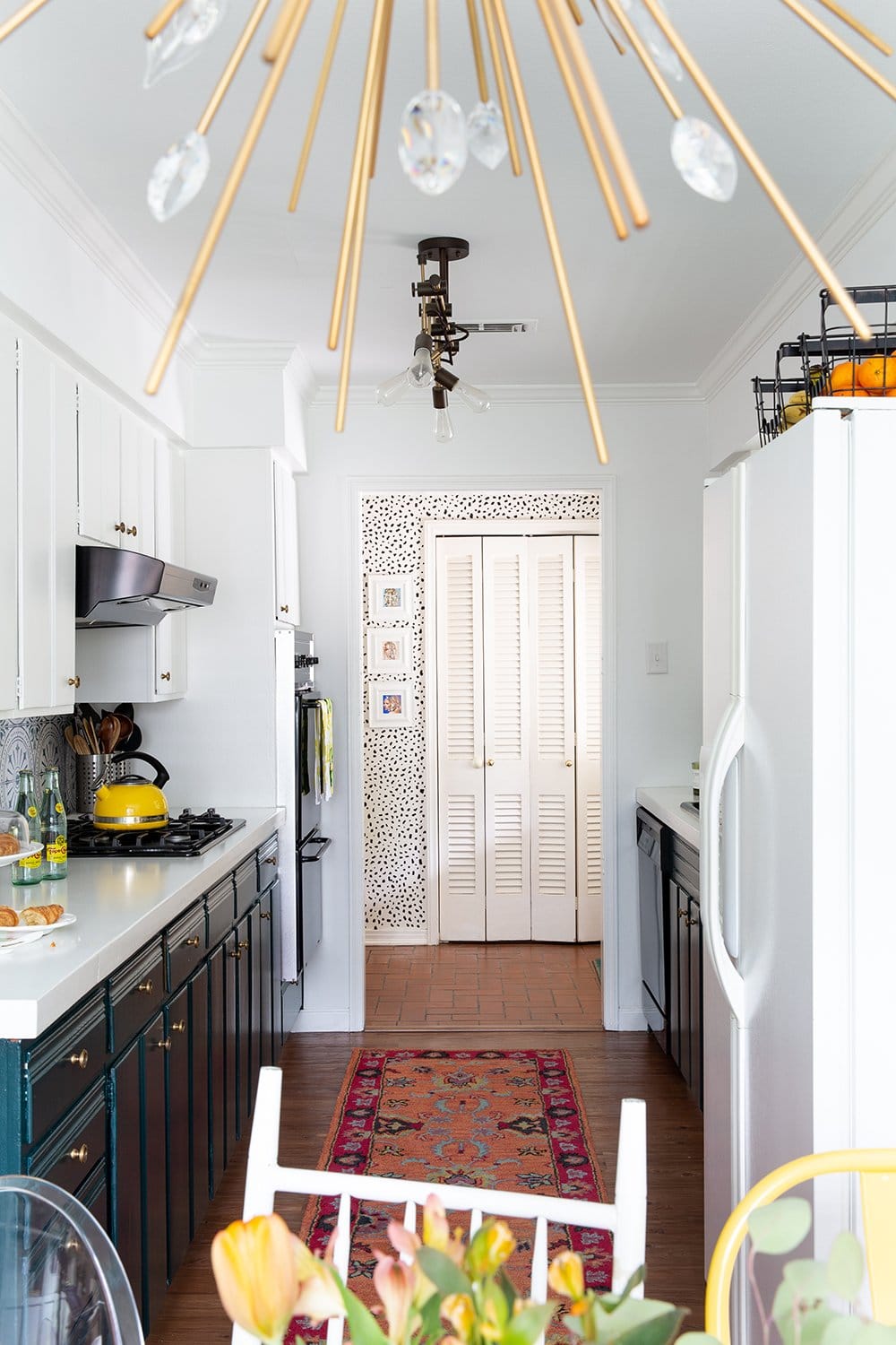 Before And After A Dark Teal Kitchen With Funky Lighting Lesley Myrick Interior Design