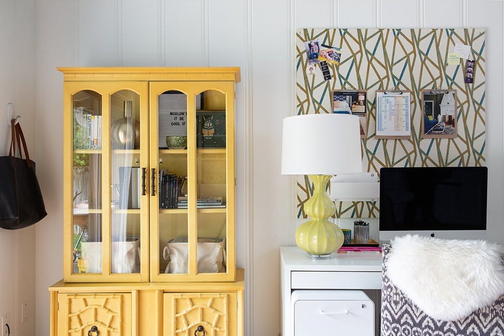 Pretty vintage Chinoiserie cabinet in an interior designers's home office