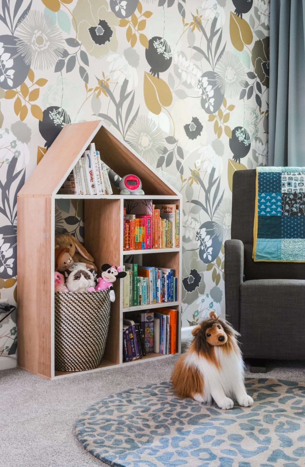 A rainbow-colored reading nook in a 3-year-old's bedroom