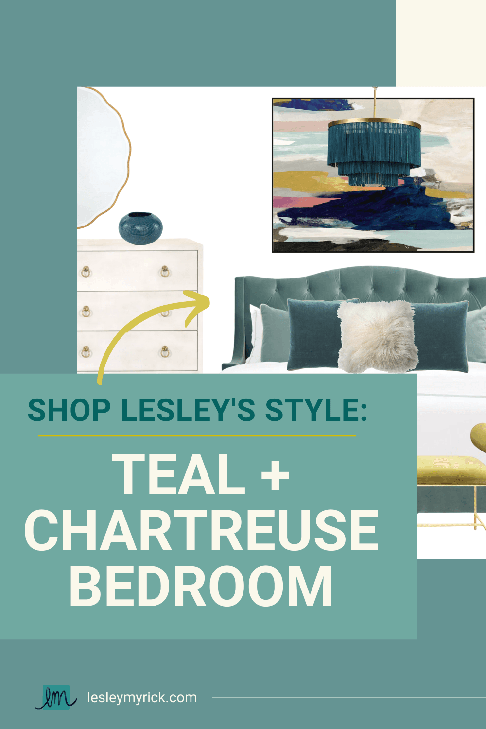 Shop this luxe chartreuse and teal bedroom designed by Lesley Myrick (click to shop!)