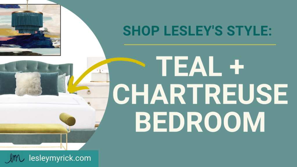 Shop this luxe chartreuse and teal bedroom designed by Lesley Myrick (click to shop!)