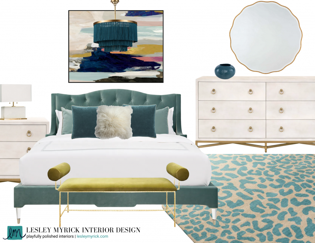 A teal bedroom moodboard by the go-to interior designer for high-achieving moms, Lesley Myrick