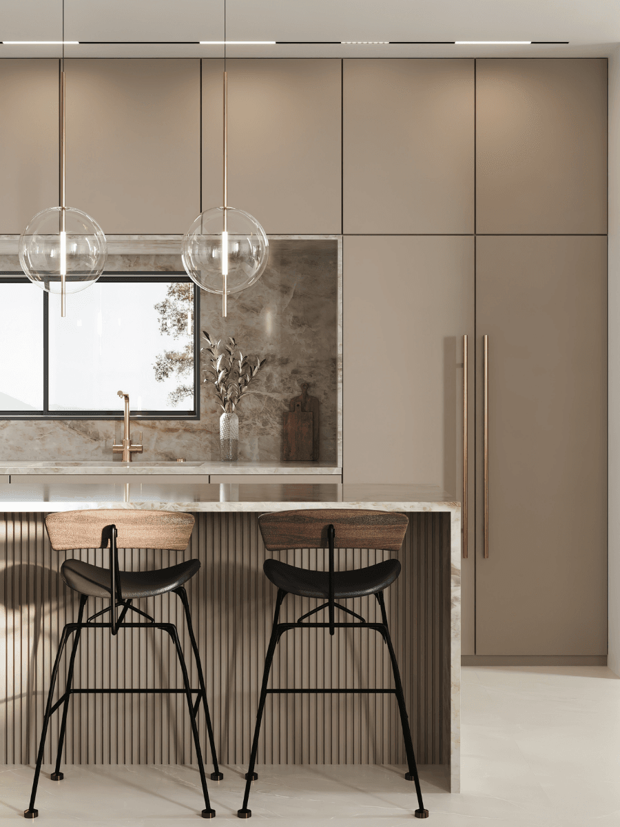 A high-end kitchen with a stone slab backsplash.