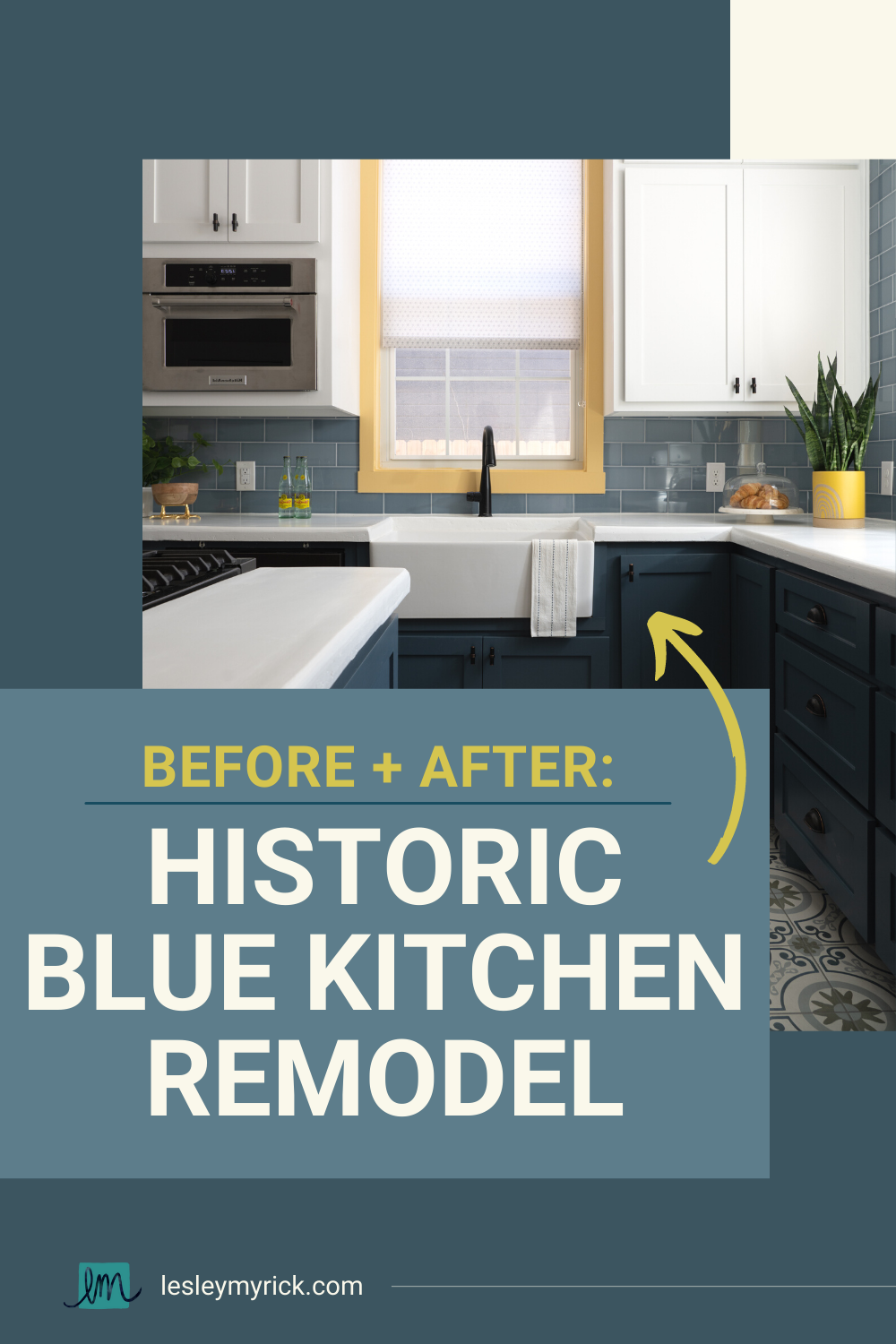 Before and after photos of a historic blue kitchen remodel by Lesley Myrick Interior Design