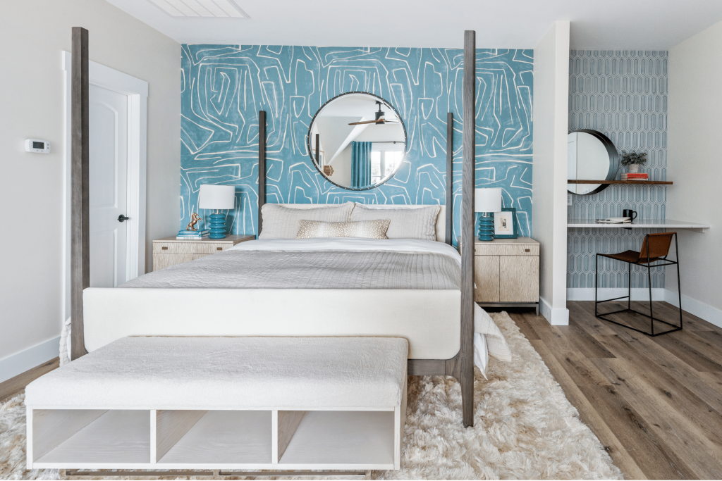 Macon new build guest house sleeping area with blue luxury Kelly Wearstler wallpaper