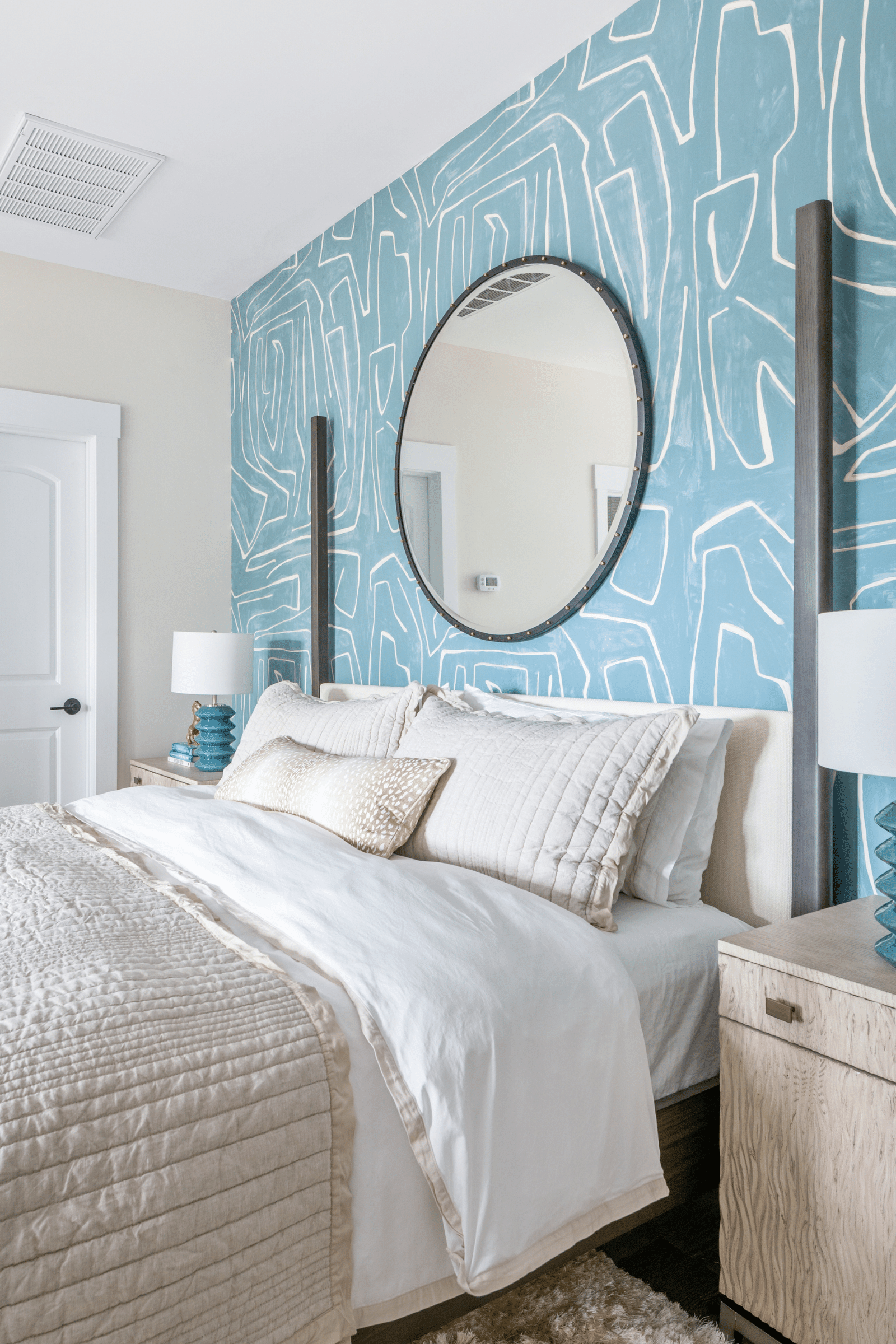 Macon new build guest house bedroom with luxury Kelly Wearstler wallpaper