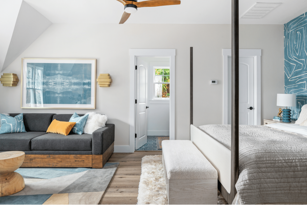 Macon new build guest house bedroom and living room by Atlanta interior designer Lesley Myrick