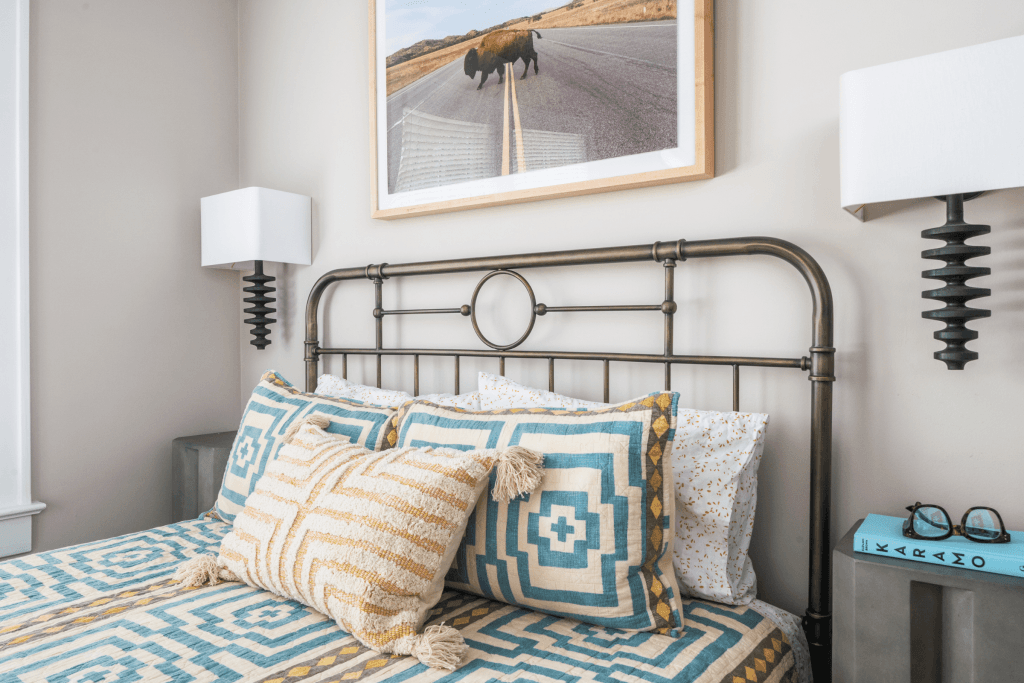 A boys' bedroom in grey, blue and yellow by Lesley Myrick Interior Design in Atlanta, GA