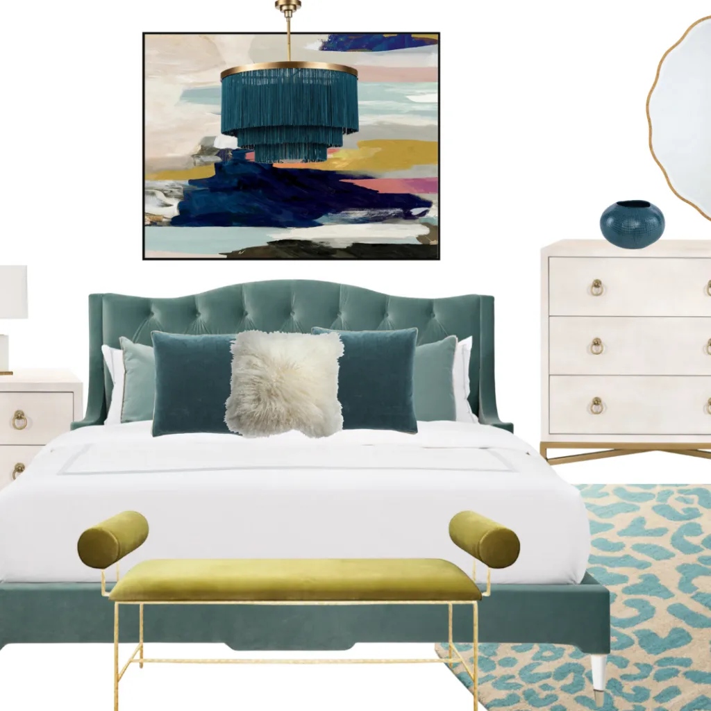 A stylish bedroom featuring a turquoise and gold color scheme, creating a serene and elegant atmosphere.