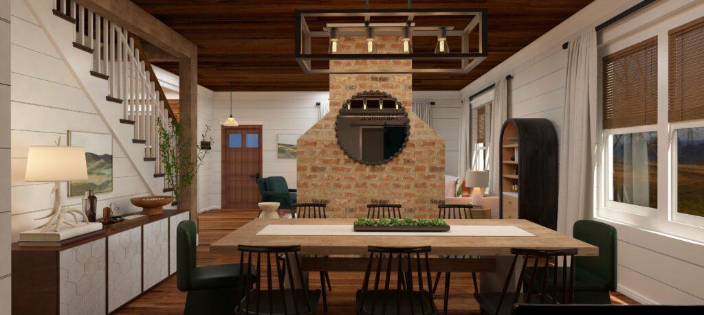 Farmhouse dining room rendering by Lesley Myrick Interior Design