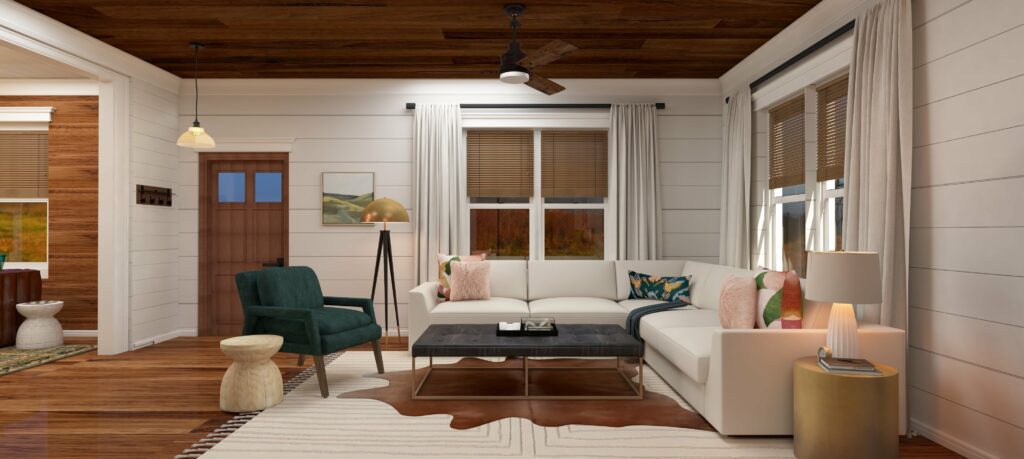 Farmhouse living room rendering by Lesley Myrick Interior Design