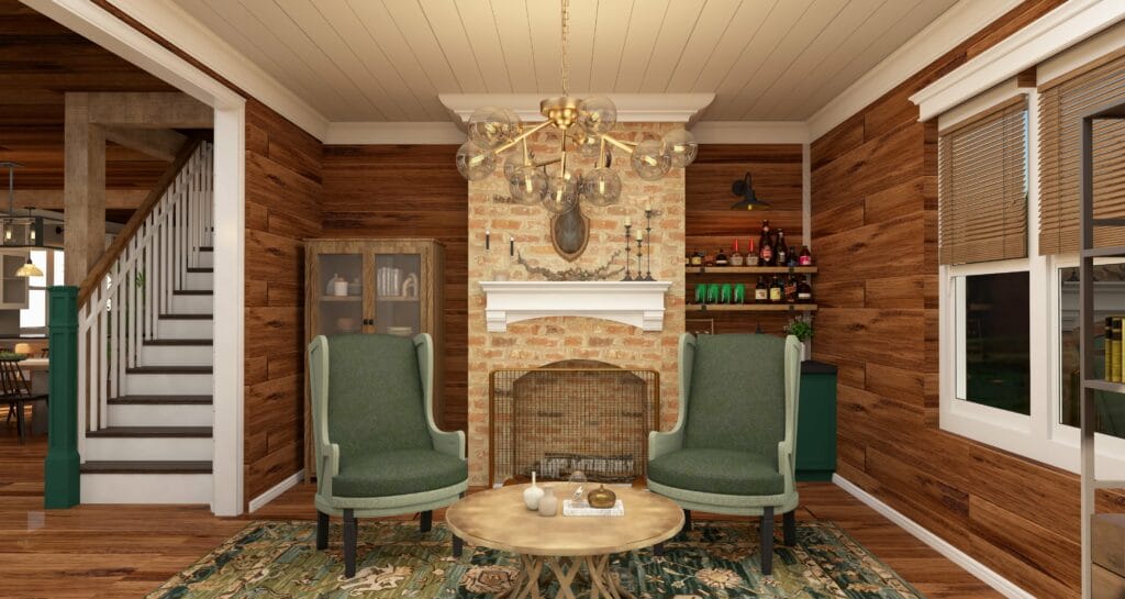 Farmhouse lounge rendering by Lesley Myrick Interior Design