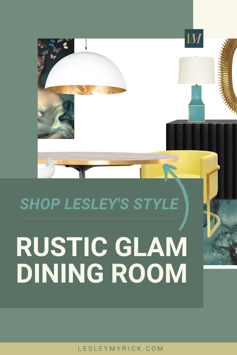 Shop this rustic glam dining room design by Atlanta luxury interior designer Lesley Myrick. A rustic Midcentury dining table banded in brass is accented by yellow velvet barrel chairs, a teal area rug, a white and brass pendant light, and a black laquered sidevoard.  