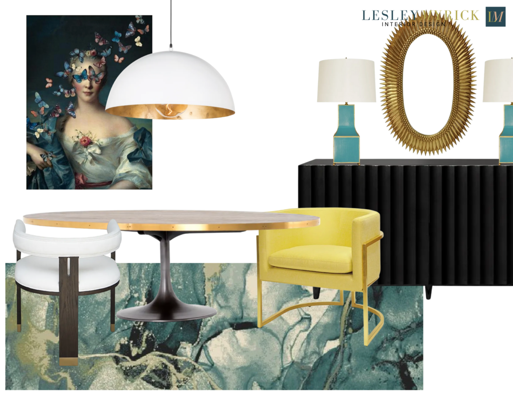 Rustic glam dining room moodboard by Atlanta interior designer Lesley Myrick