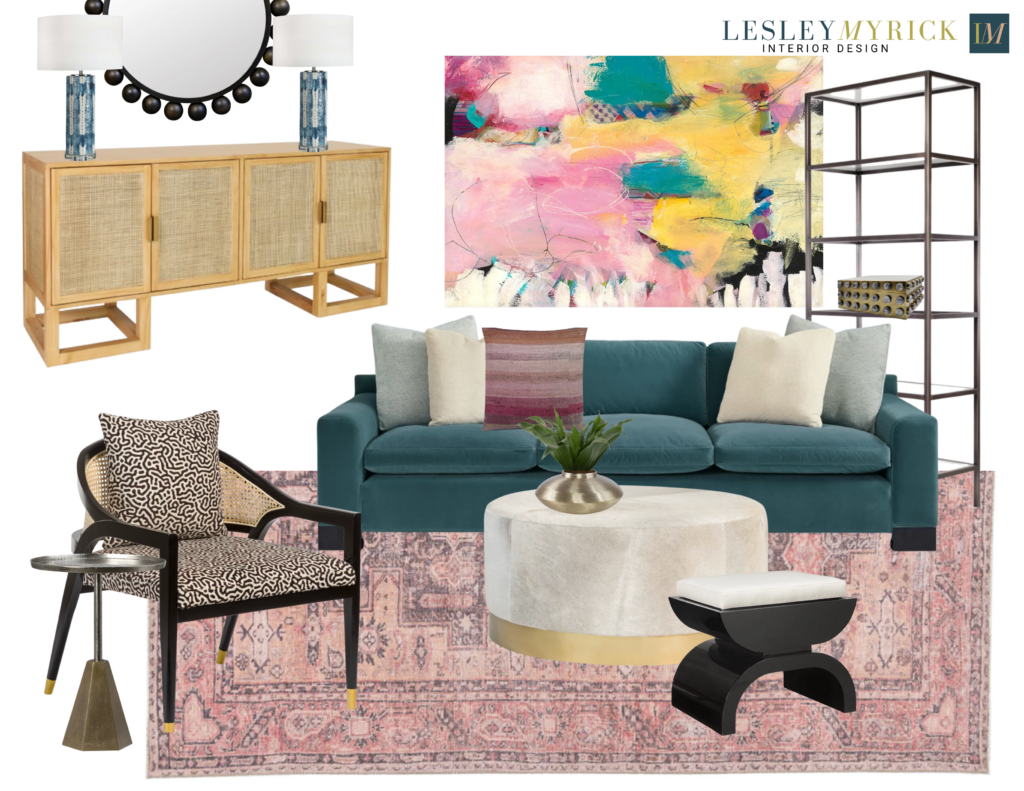 Living room with teal sofa moodboard by award-winning interior designer Lesley Myrick