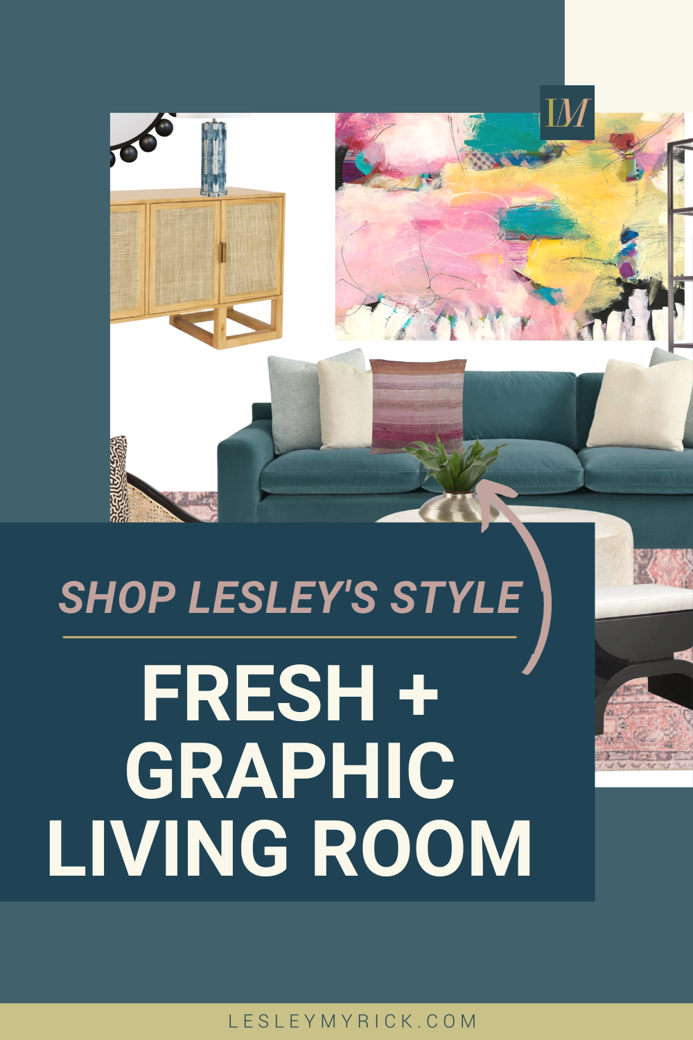 Click to shop this fresh and colorful living room with a teal sofa, designed by Architectural Digest-featured  interior designer Lesley Myrick.