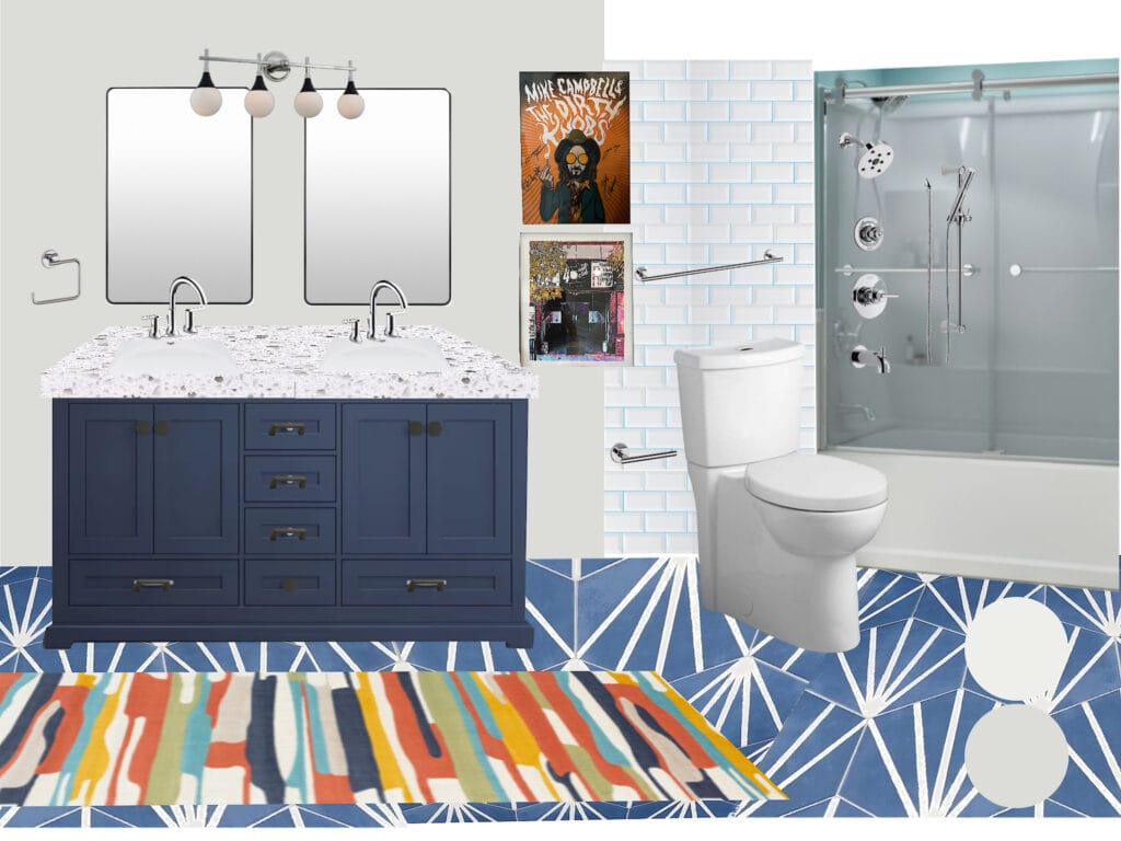 Moodboard for a blue and white bathroom remodel by Lesley Myrick Interior Design