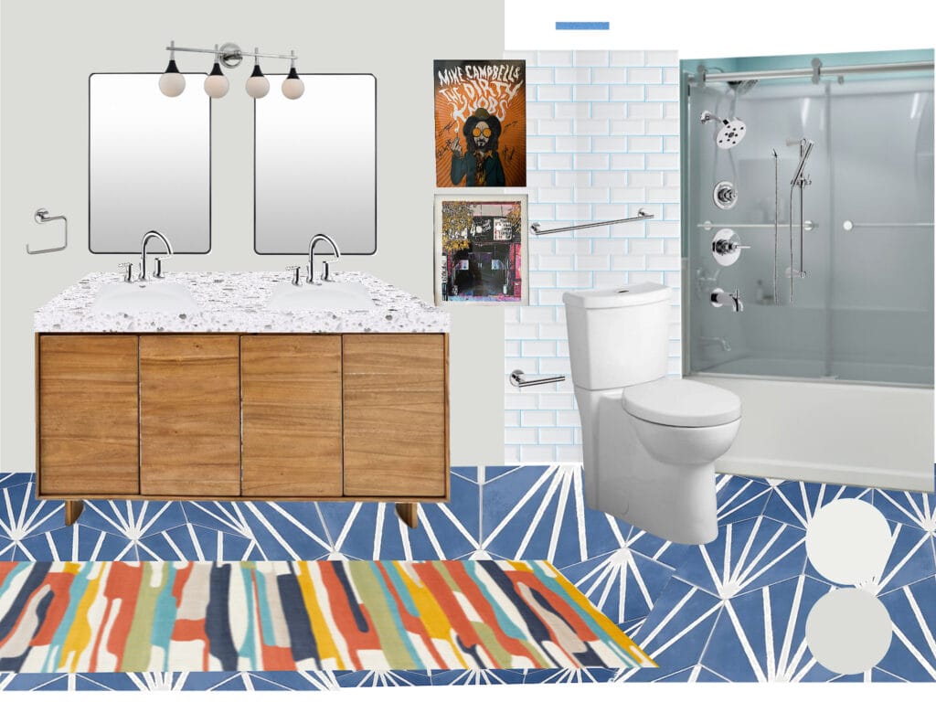 Moodboard for a blue and white bathroom remodel by Lesley Myrick Interior Design