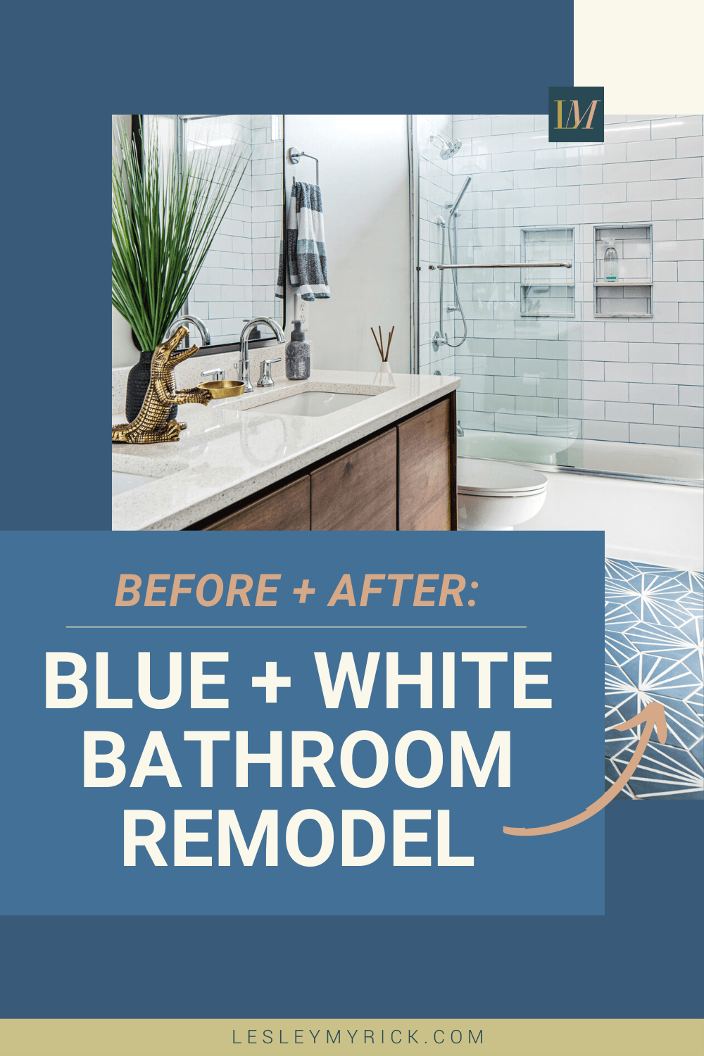 Before and after: a blue and white bathroom remodel by Lesley Myrick Interior Design