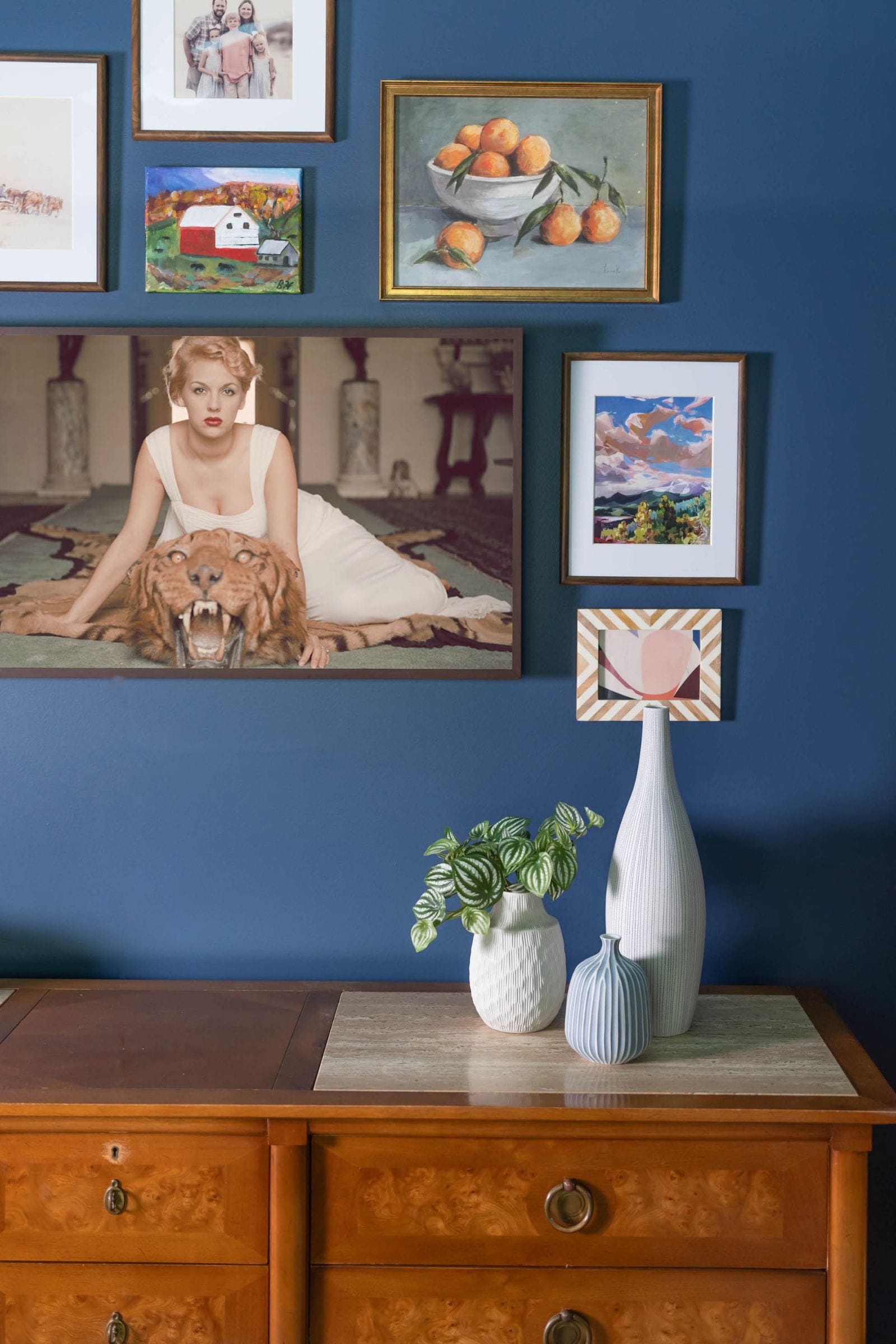 Navy blue farmhouse bedroom gallery wall - full-service interior design project - by Lesley Myrick Interior Design in Macon, GA