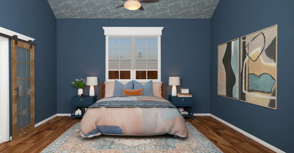 Blue farmhouse bedroom 3D rendering by Lesley Myrick Interior Design in Macon, GA