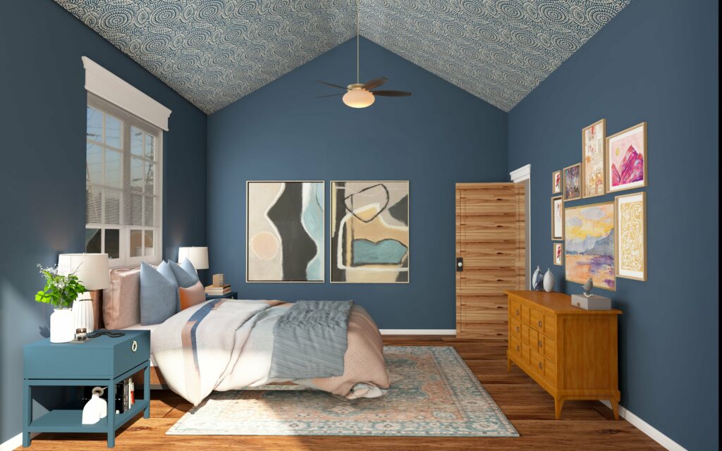 Blue farmhouse bedroom 3D rendering with wallpaper by Lesley Myrick Interior Design in Macon, GA