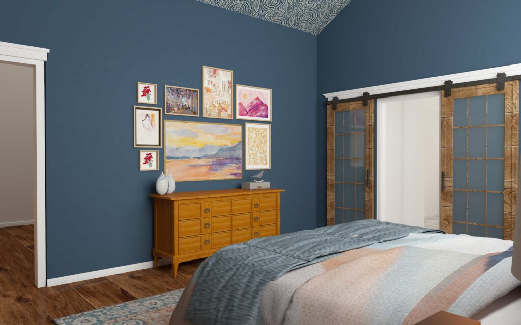 Blue farmhouse bedroom 3D rendering gallery wall by Lesley Myrick Interior Design in Macon, GA