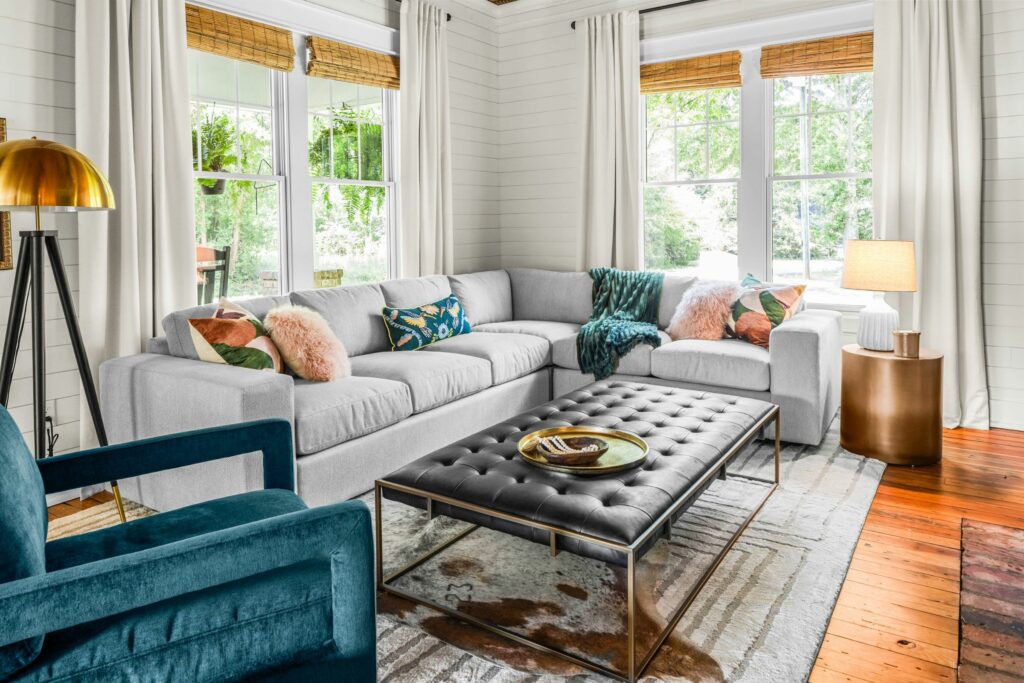 Farmhouse living room design with performance fabric sectional by Lesley Myrick Interior Design