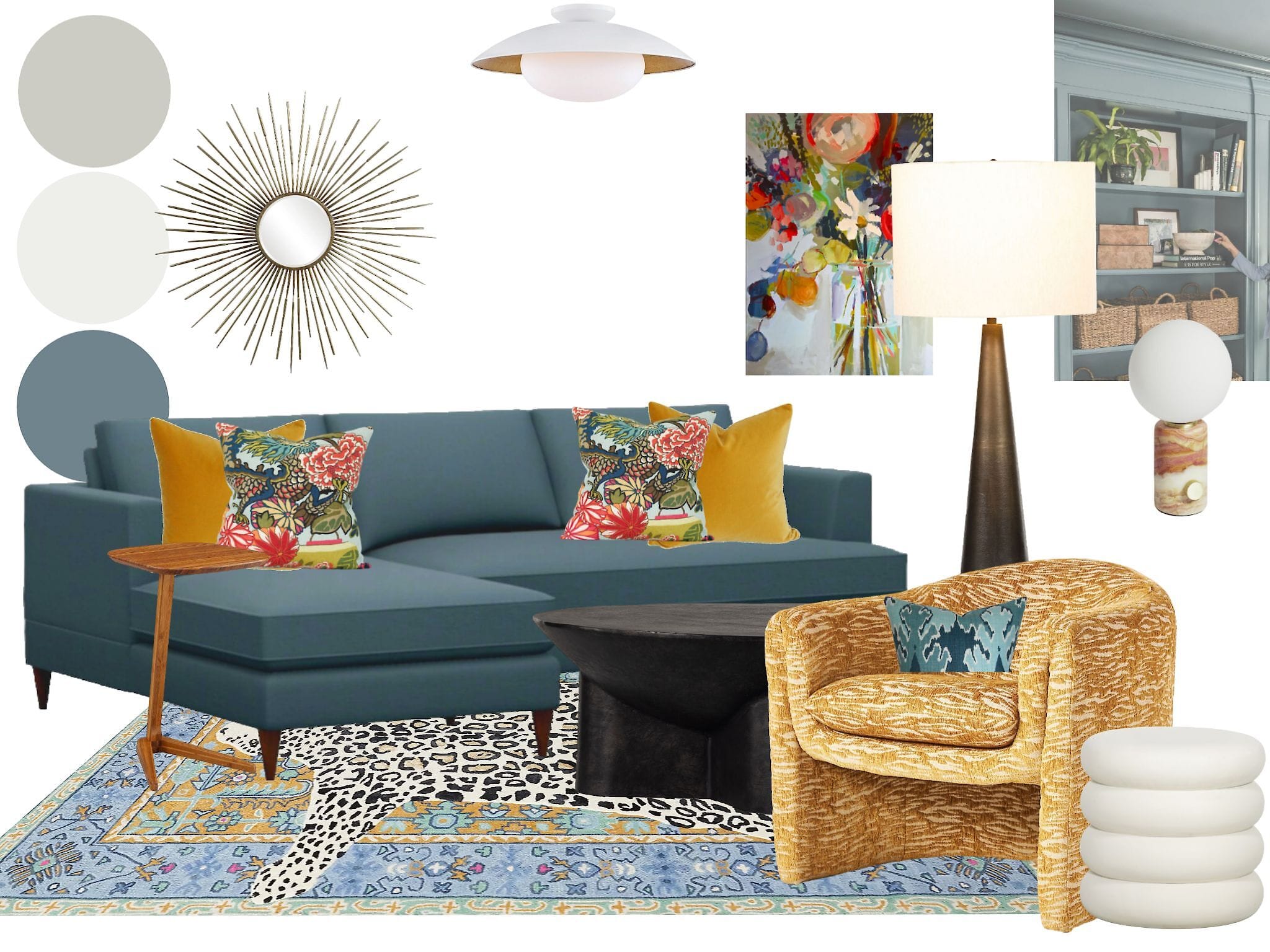 A cozy living room featuring blue furniture, vibrant yellow accents, and a stylish rug, creating a welcoming atmosphere.