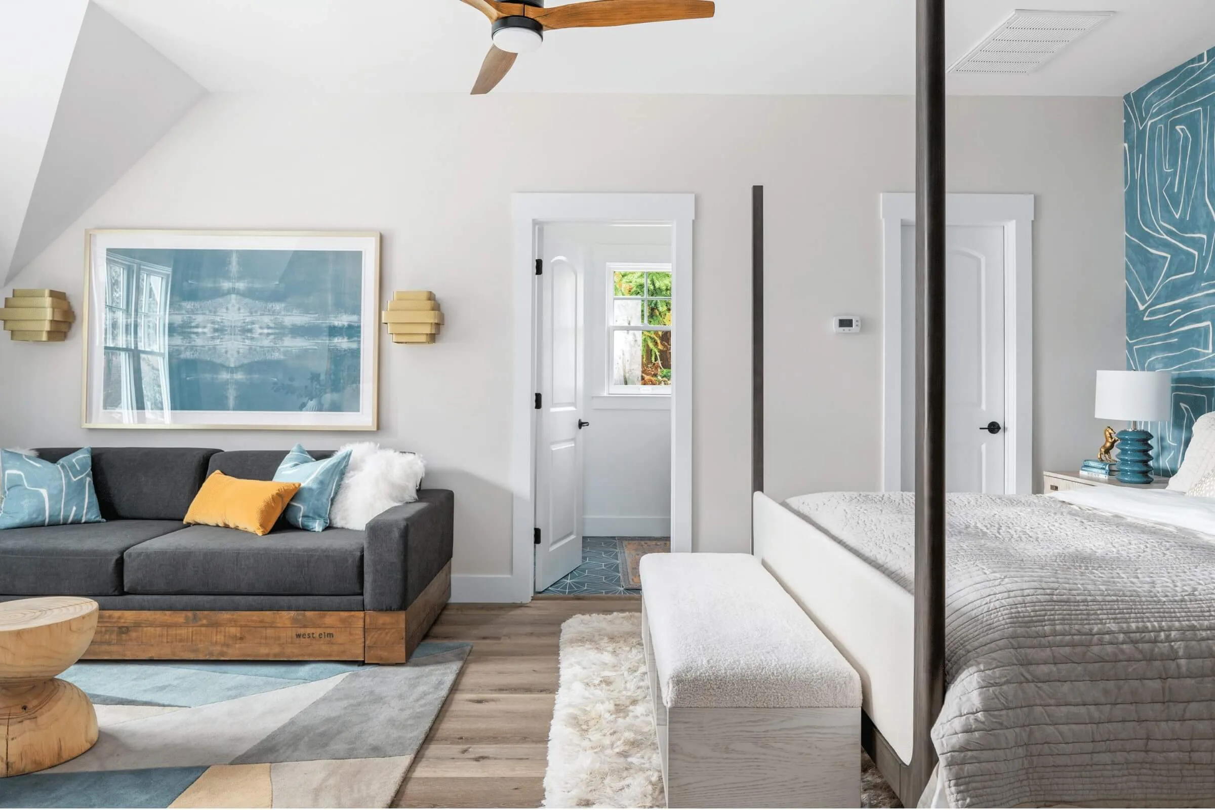 A Macon guest house new build interior design project with a living room that converts to a second bedroom.