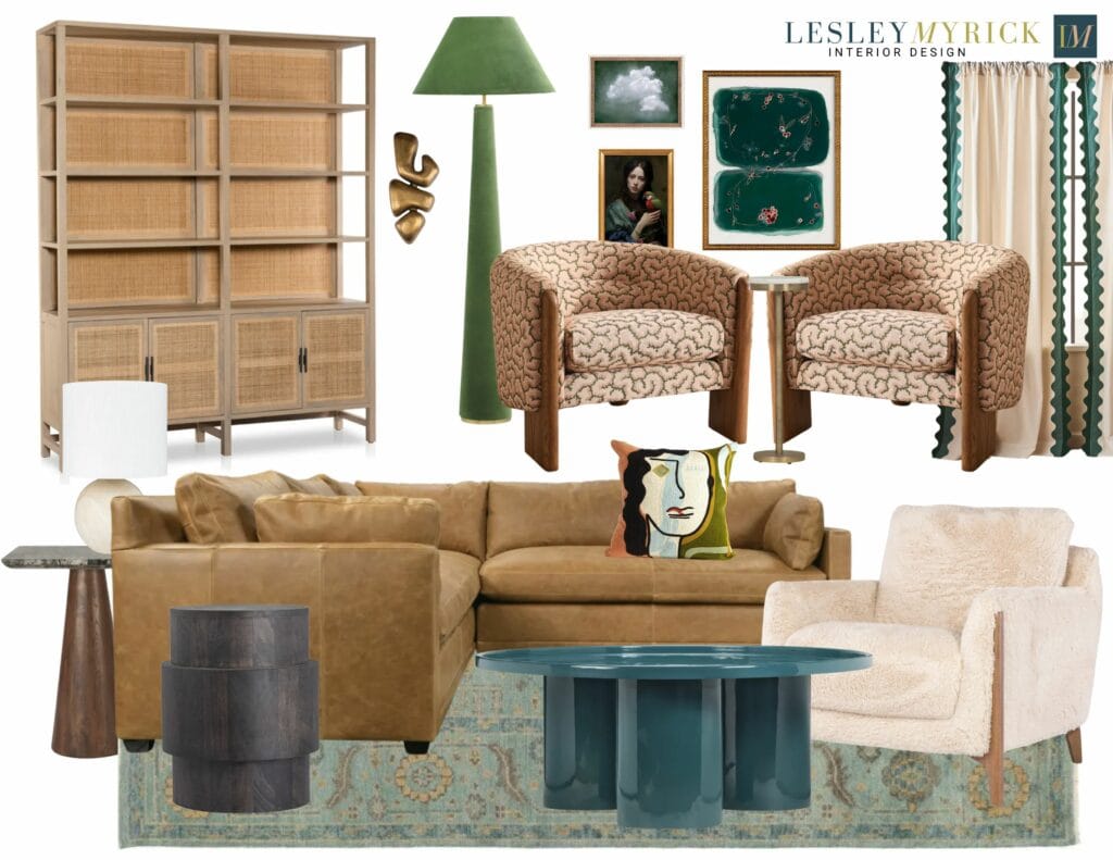 Eclectic living room moodboard by Lesley Myrick interior design featuring a cognac leather sofa, teal lacquer coffee table, white faux fur accent chair, Anthropologie curtains, and a green velvet floor lamp