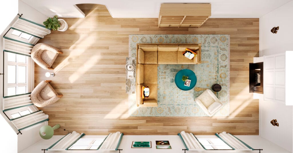 A long narrow living room 3D floor plan by Macon interior designer Lesley Myrick