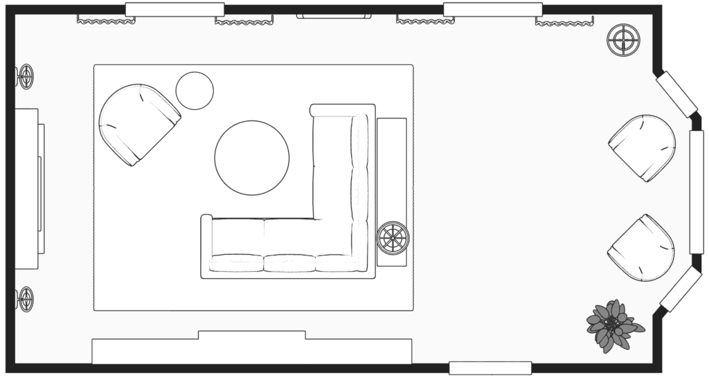A long narrow living room floor plan by Macon interior designer Lesley Myrick