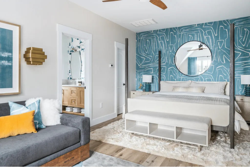 A Macon guest house new build interior design project with bold wallpaper and functional furniture