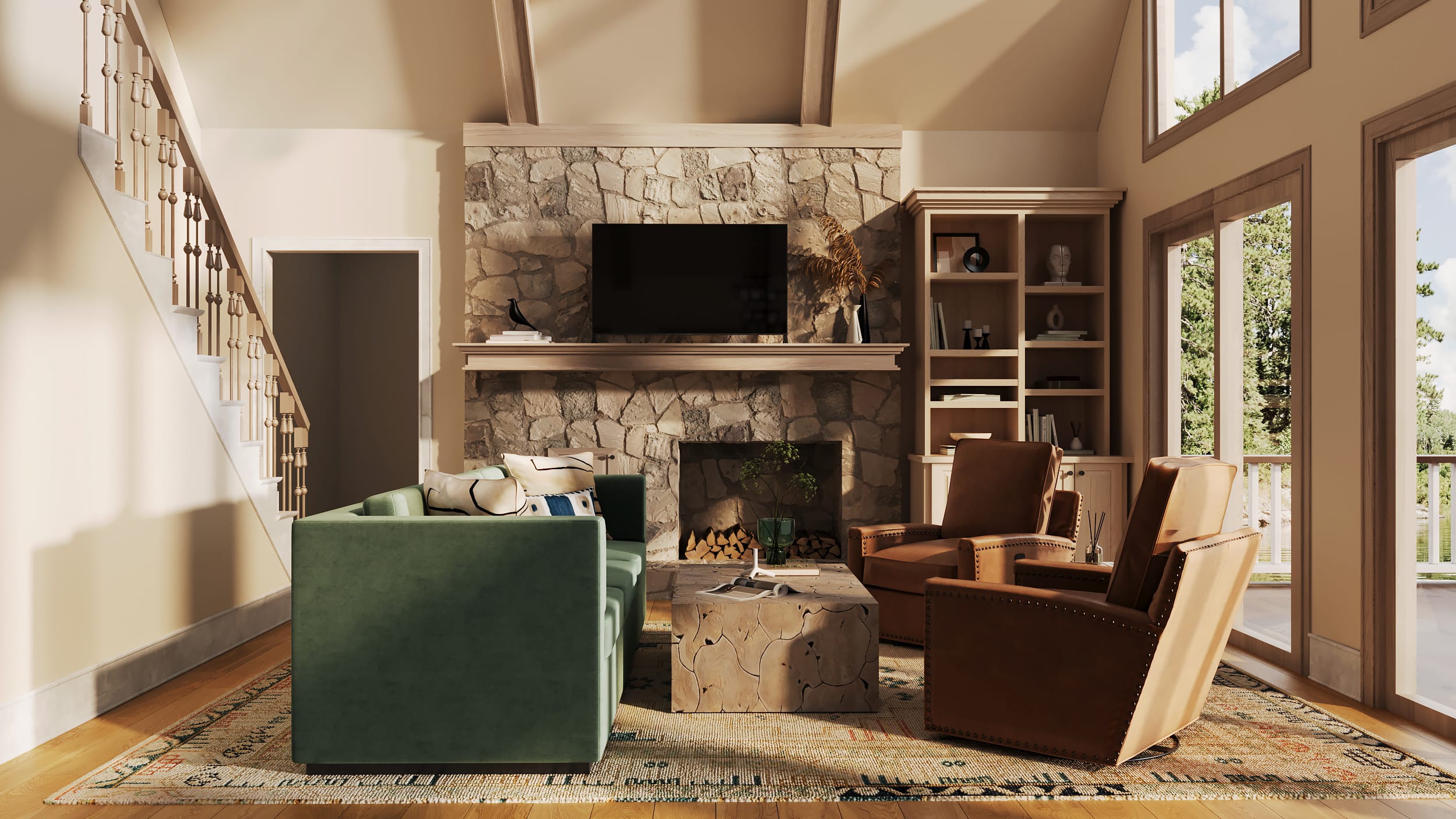 3D rendering of Lake Sinclair living and dining room with green sofa, camel leather chairs, and modern chandelier.