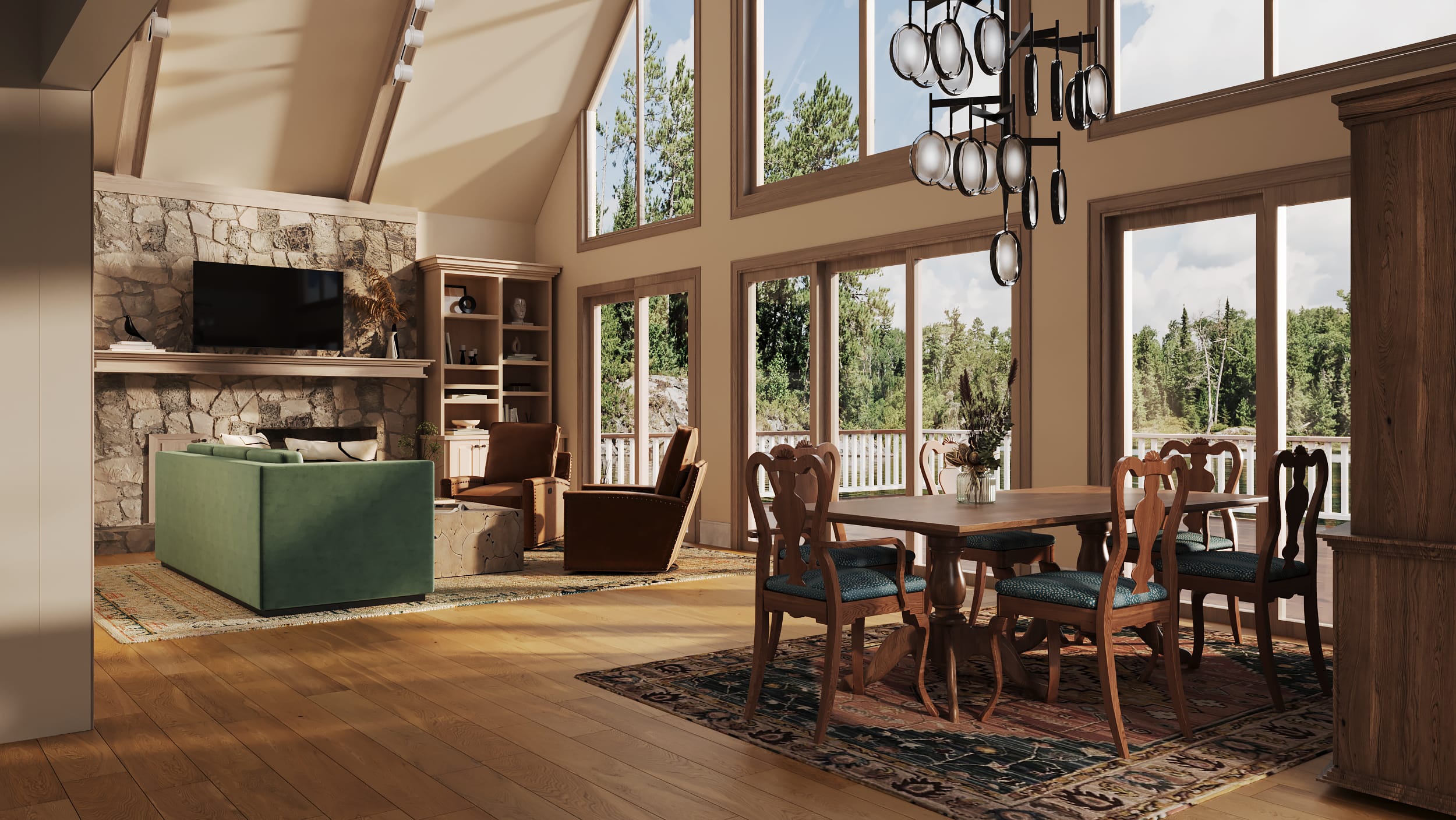 Rendering of Lake Sinclair A-frame interior from dining area facing large windows and deck.