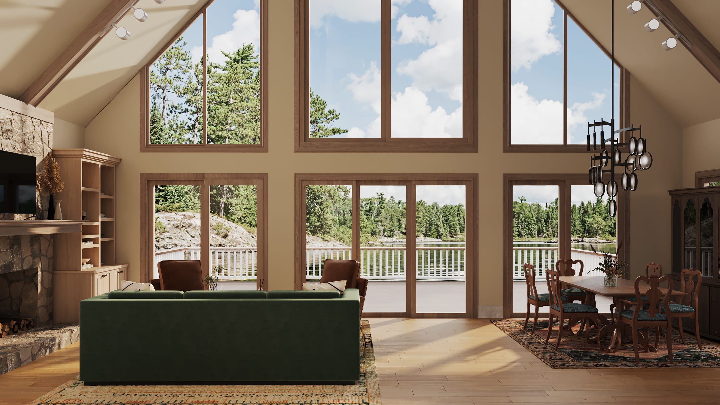Living room rendering with green velvet sectional, modern chandelier, and lake views at Lake Sinclair.