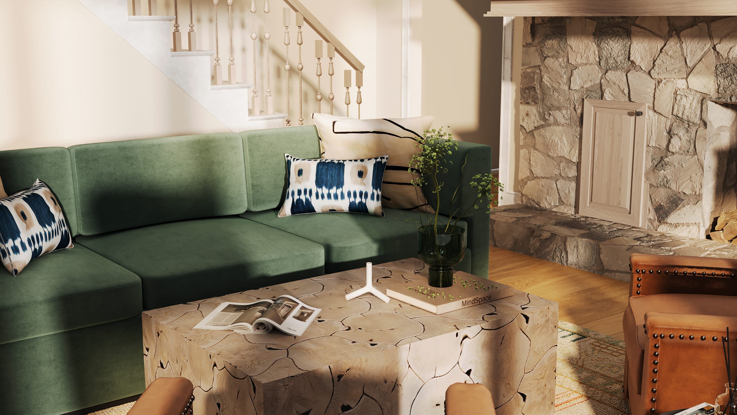 Close-up of green velvet sofa and coffee table in Lake Sinclair living room rendering.
