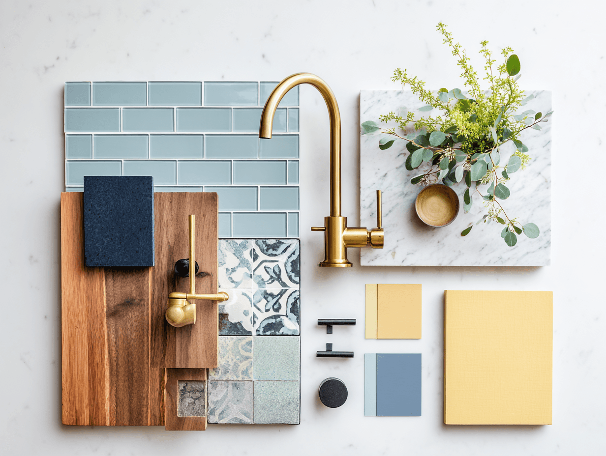Flat lay of kitchen design materials including light blue subway tile, wood samples, brass faucet, navy and yellow paint swatches, and a marble slab with greenery.