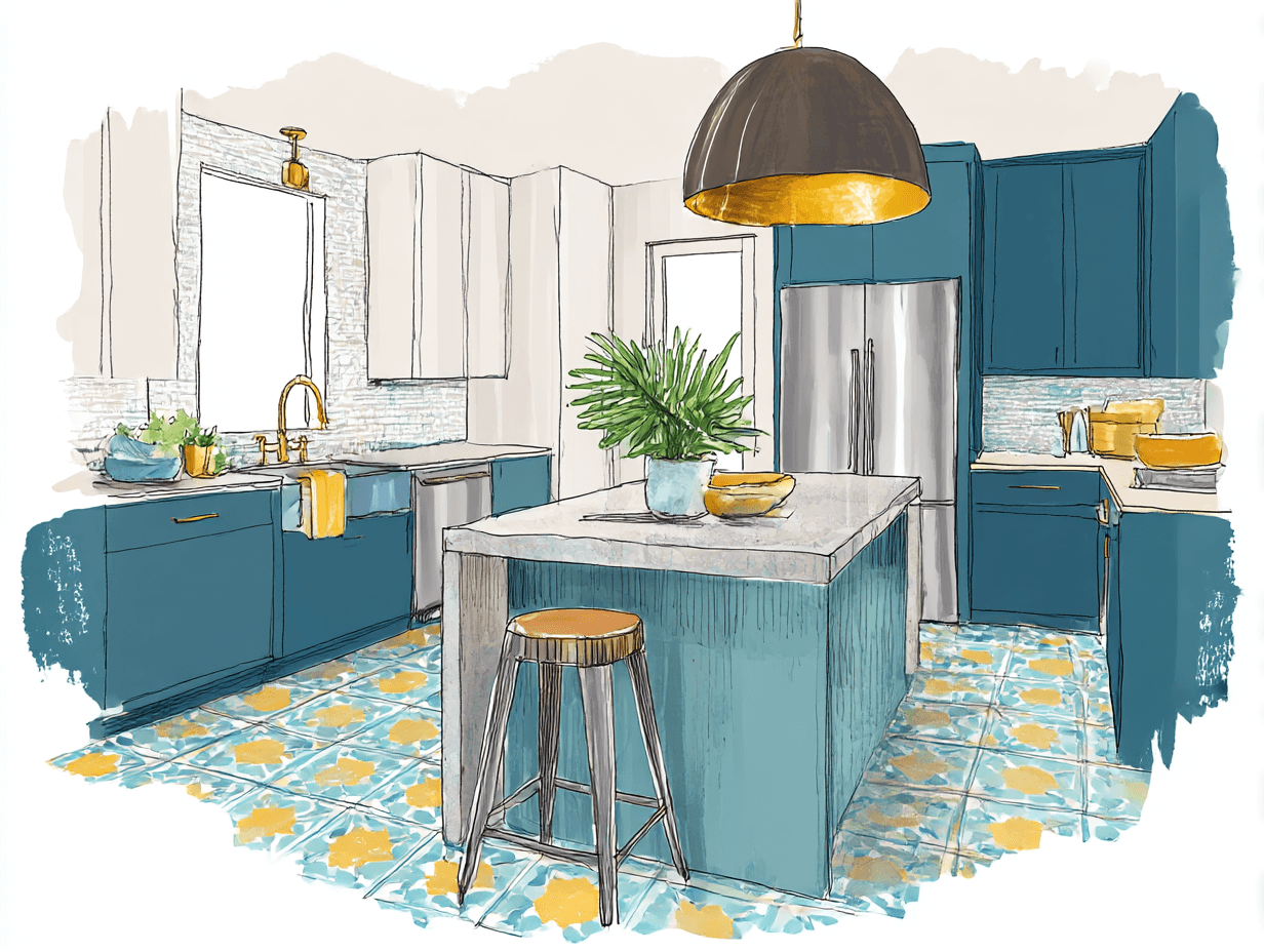 Watercolor-style rendering of a modern kitchen with teal lower cabinets, brass fixtures, a dome pendant light, and colorful patterned floor tile.