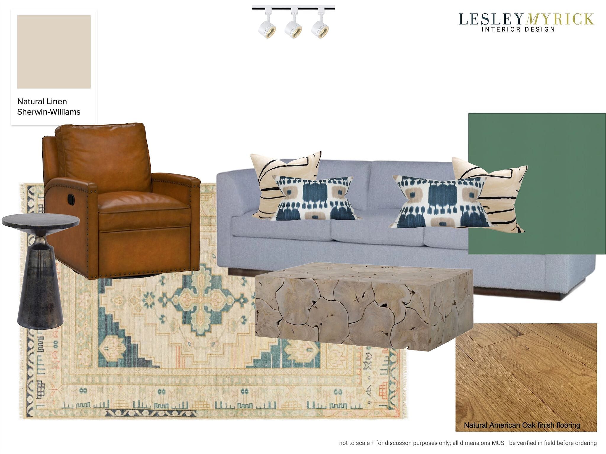 Interior design moodboard featuring green sofa, leather recliner, stone coffee table, and layered textures.