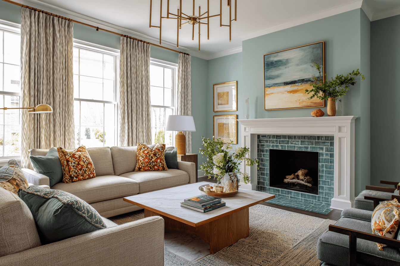 Completed living room with soft green-blue walls, teal tile fireplace, layered textures, and elegant patterned drapery. Modern Southern AI conceptual rendering by Lesley Myrick Interior Design.