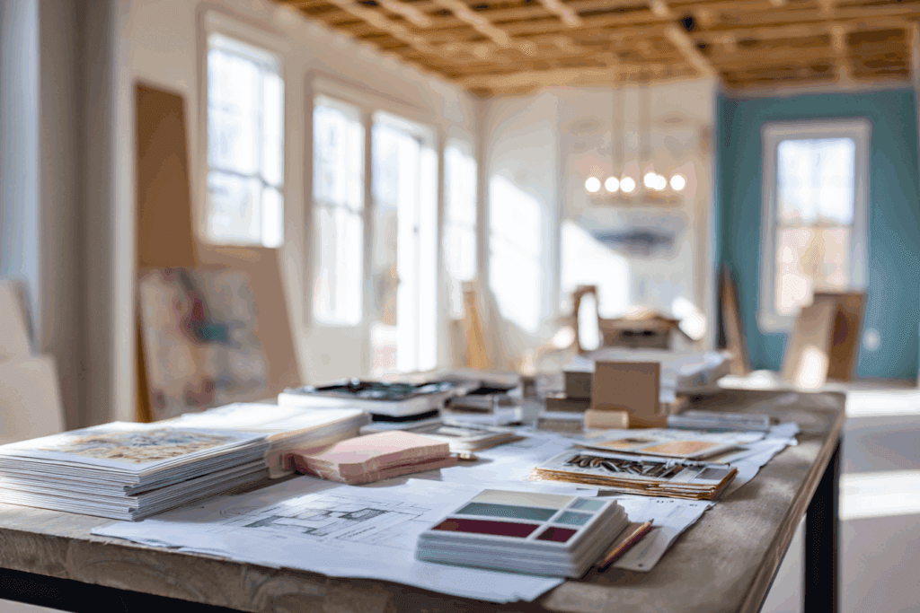 Light-filled residential space under construction with exposed framing, natural sunlight, and a worktable covered in design boards and finish samples. Conceptual image generated with AI.