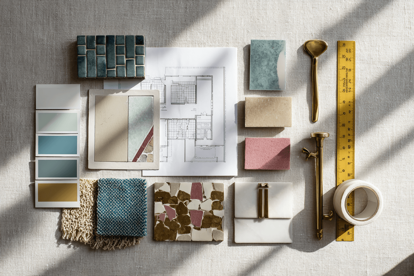 Styled AI created interior designer flatlay featuring floor plans, tile samples, brass hardware, and fabric swatches- showcasing refined pre-construction planning.
