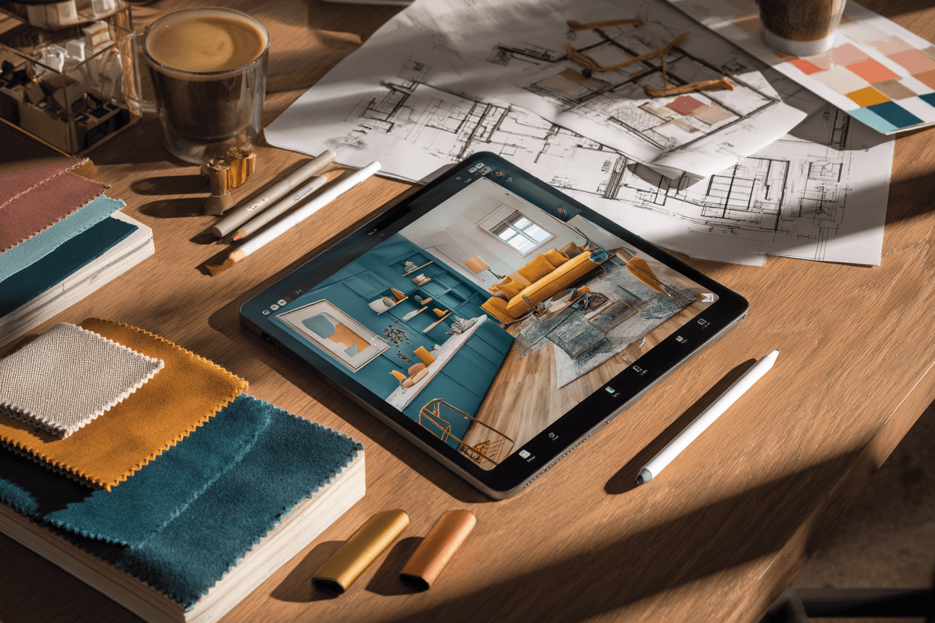 A sunlit designer workspace with an iPad displaying a colorful room rendering, fabric swatches, drawings, pencils, and coffee - illustrating LMID’s AI-first design process.
