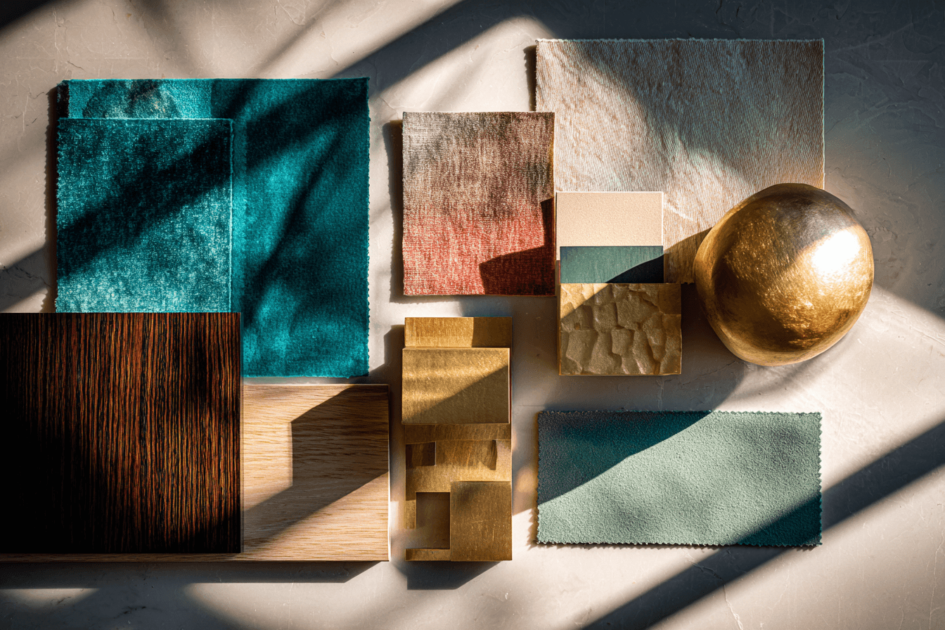 A richly textured interior design flatlay showcasing teal velvet, brass finishes, wood samples, and warm morning shadows - a signature LMID color and texture study.